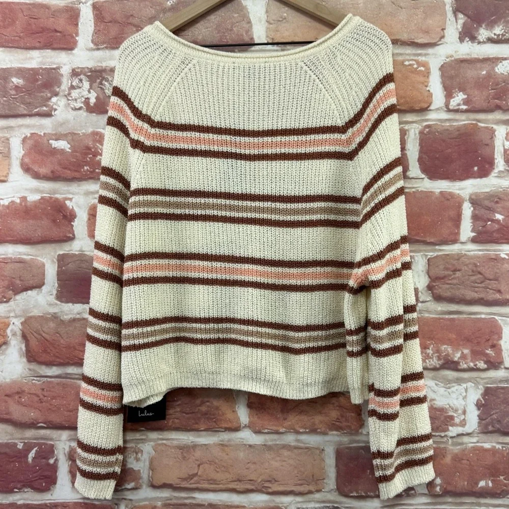 Lulus Sweater Women's M Cream Multicolor Striped Cropped Casual Knit Popover